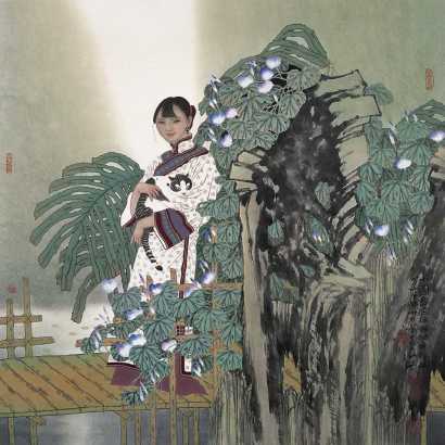 于文江 庚辰（2000年）作 小园春径独徘徊 镜心